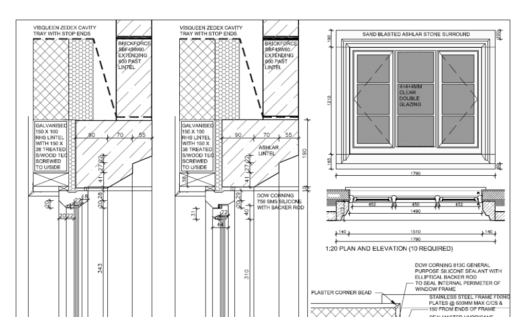 Architectural detail drawing of a traditional window installation with slim double glazing, showing elevations, cross-sections, and specifications for a conservation property with ashlar stone surround.