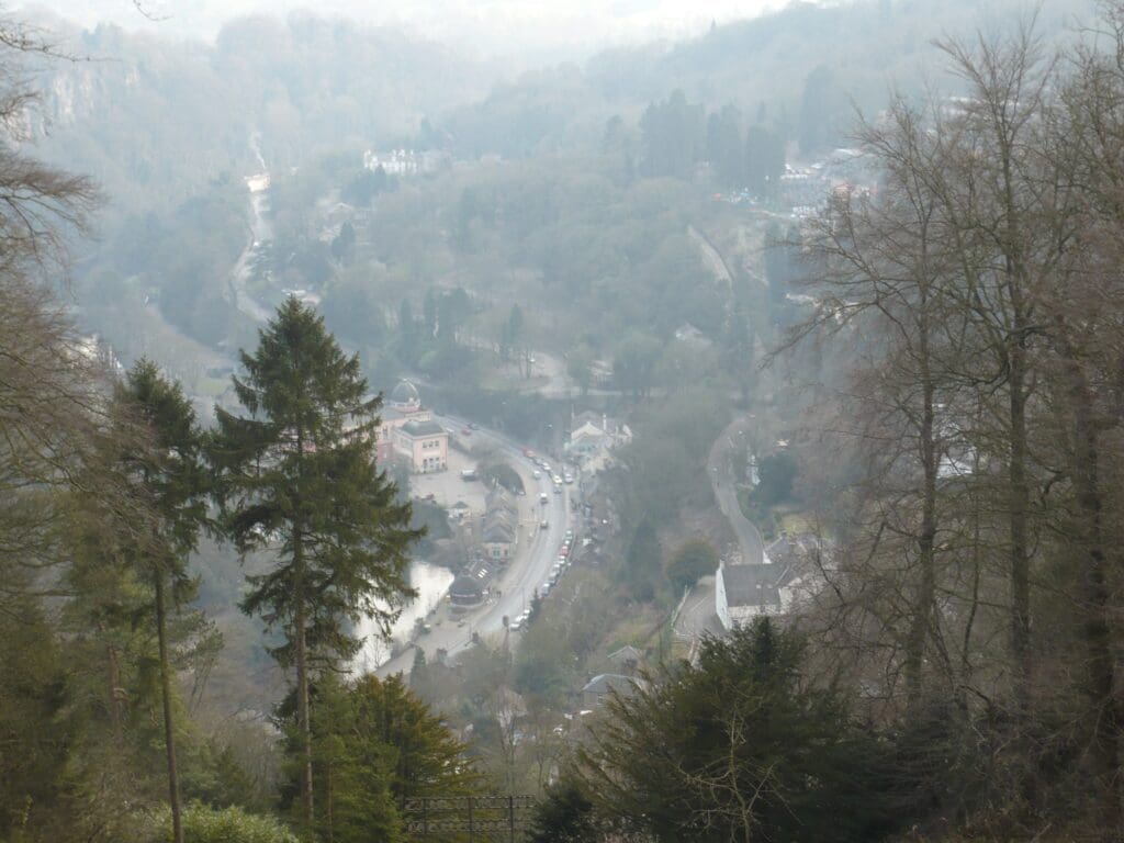 Panoramic view from the Treetops restaurant at the Heights of Abraham, overlooking the Derwent Valley and Matlock Bath.