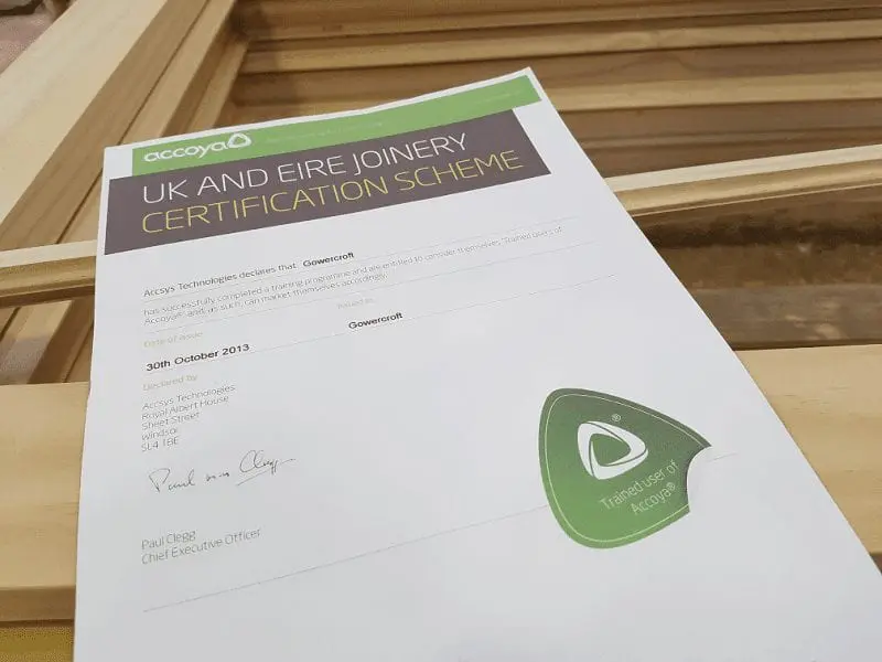 Certificate showing Gowercroft Joinery's Accoya Wood Certification