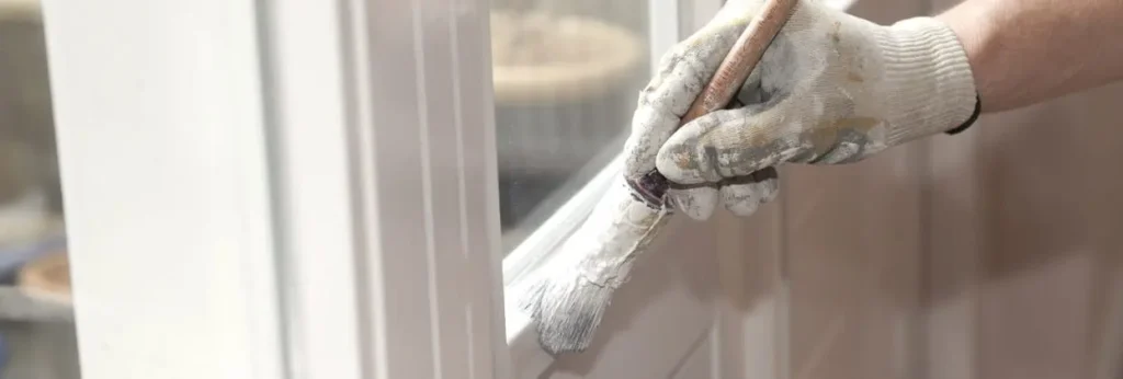 Close-up of a gloved hand painting a white timber window frame, representing maintenance work covered under Gowercroft’s comprehensive timber window guarantee.
