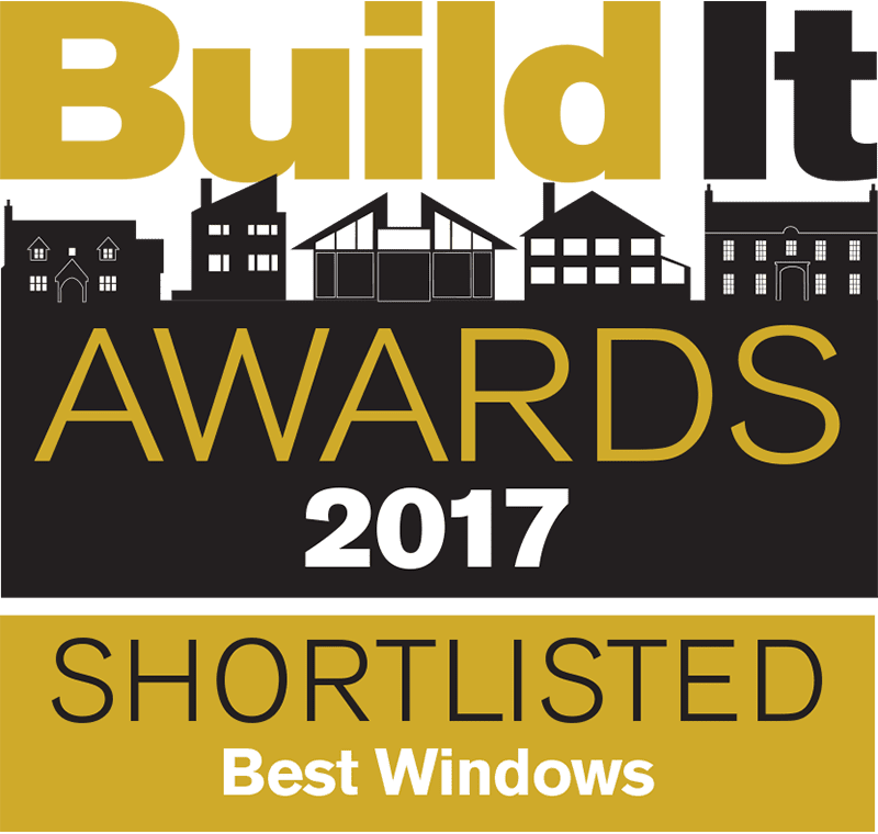 Build It Awards 2017 "Best Windows" category shortlisted logo, featuring gold and white text with a stylised house silhouette background.