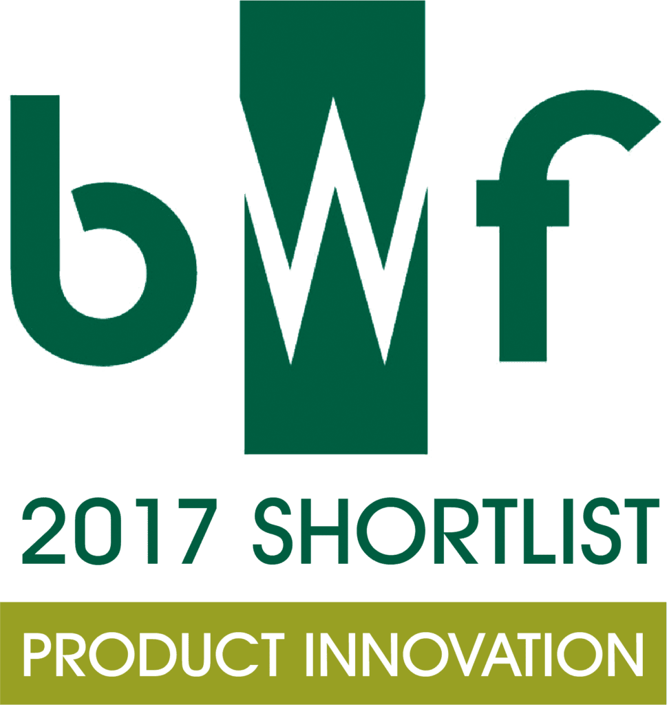 BWF product innovation shortlist logo in green. It says prodcut inbbovation in lime green underneath.