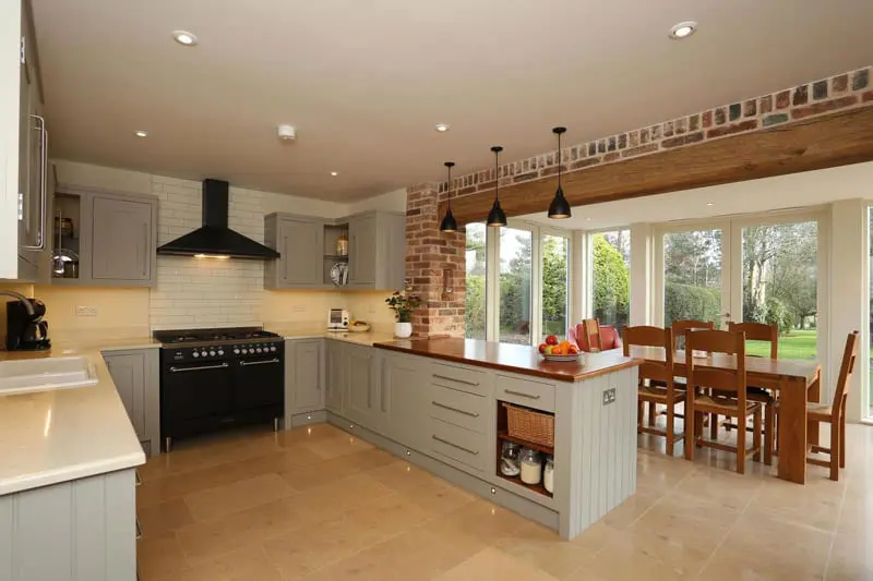 Internal view Melbourne French doors steel cladding off white painted two 2 storey screen kitchen
