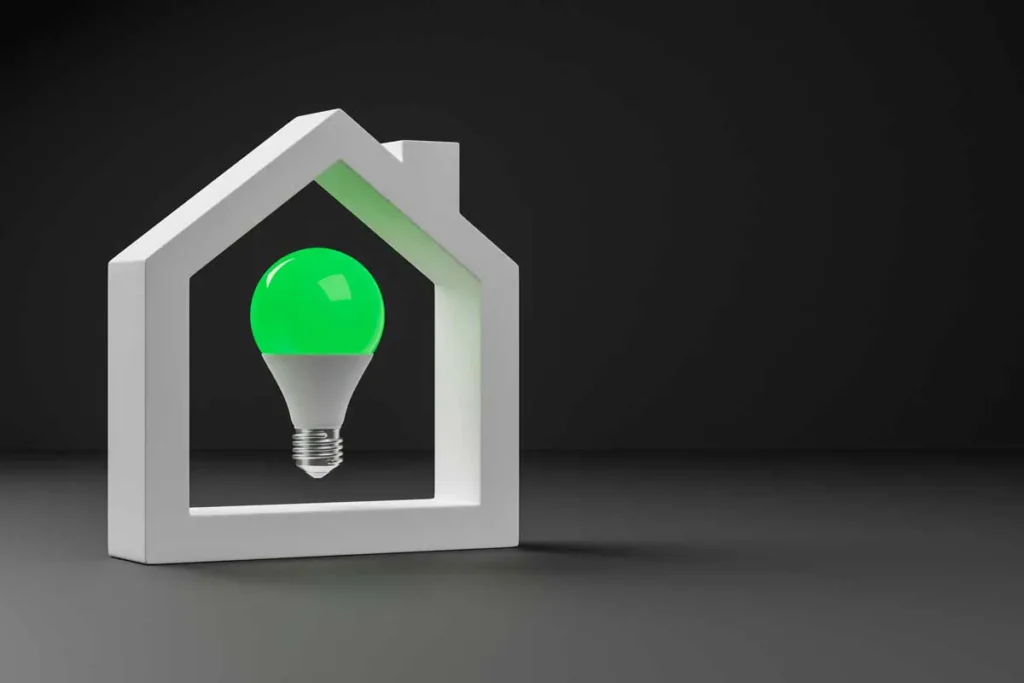 Green LED lightbulb symbolising energy efficiency, enclosed within a white house-shaped frame on a dark background, representing sustainable home design and passive house principles.