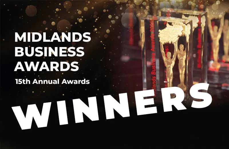 Midlands Business Awards 15th Annual Awards promotional image featuring gold award trophies and large bold text reading "WINNERS" on a dark celebratory background with golden sparkles.