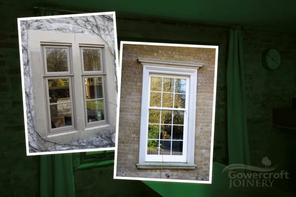 Side-by-side comparison of two window styles: a casement window on the left with flush timber frames and a traditional sash window on the right with multiple glazing bars and a decorative stone surround, used to illustrate the visual difference between casement and sash windows.