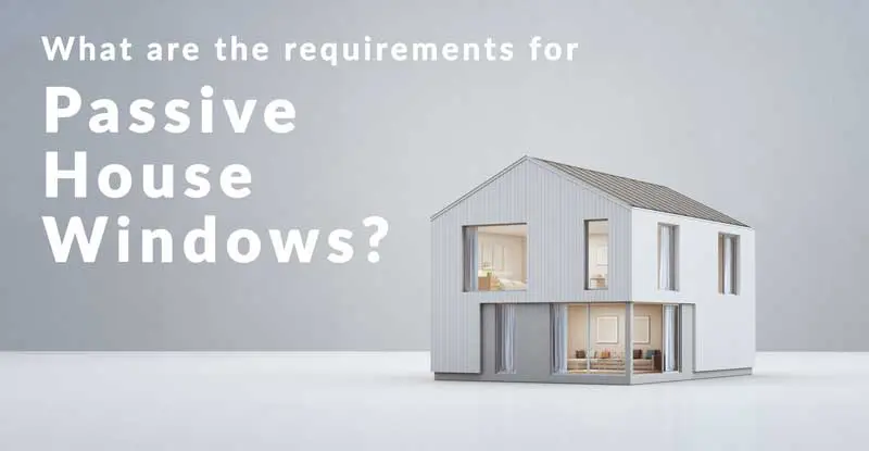 3D-rendered modern white house model with large glazed windows, illustrating the concept of Passive House design, alongside the question "What are the requirements for Passive House Windows?" displayed in bold text on a minimalist grey background.