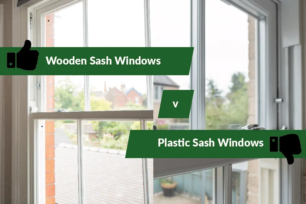 Split image comparing two types of sash windows: on the left, a traditional timber sash window with the label "Wooden Sash Windows" and a thumbs-up icon; on the right, a modern uPVC sash window with the label "Plastic Sash Windows" and a thumbs-down icon.