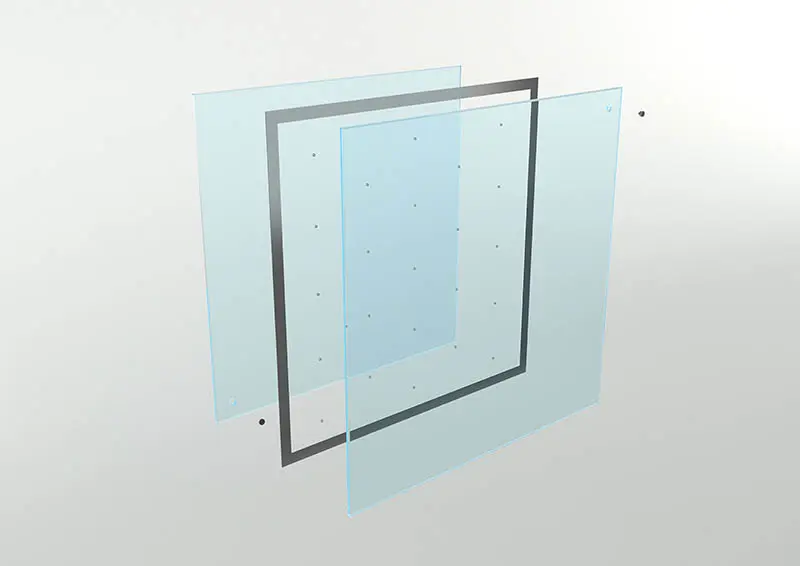Diagram showing the structure of vacuum insulated glazing, with two panes of glass separated by a narrow vacuum gap and edge seals, illustrating how vacuum glazing differs from traditional double glazing.