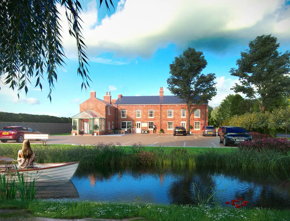The Draycott Canal Cottages restoration project showing a row of red-brick terraced cottages with Gowercroft heritage-style timber windows and doors, set beside a canal with a small boat and landscaped parking area.