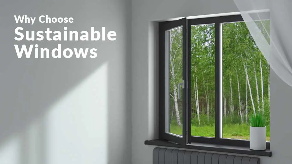 Modern open casement window in a minimalist interior looking out onto a lush green forest, illustrating the concept of sustainable windows and their connection to environmentally friendly living.