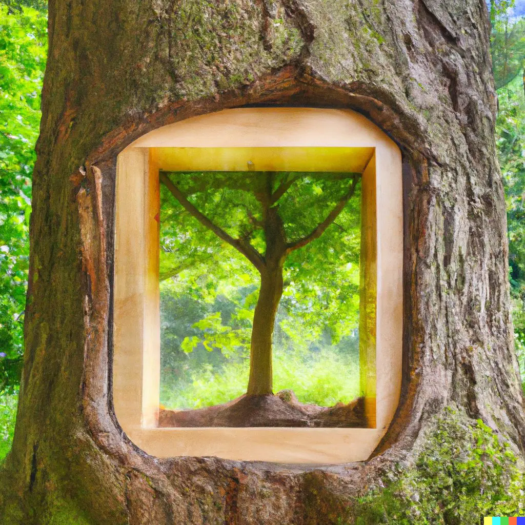 A conceptual eco-friendly window carved into a tree trunk, symbolising sustainable window replacement and harmony with nature.