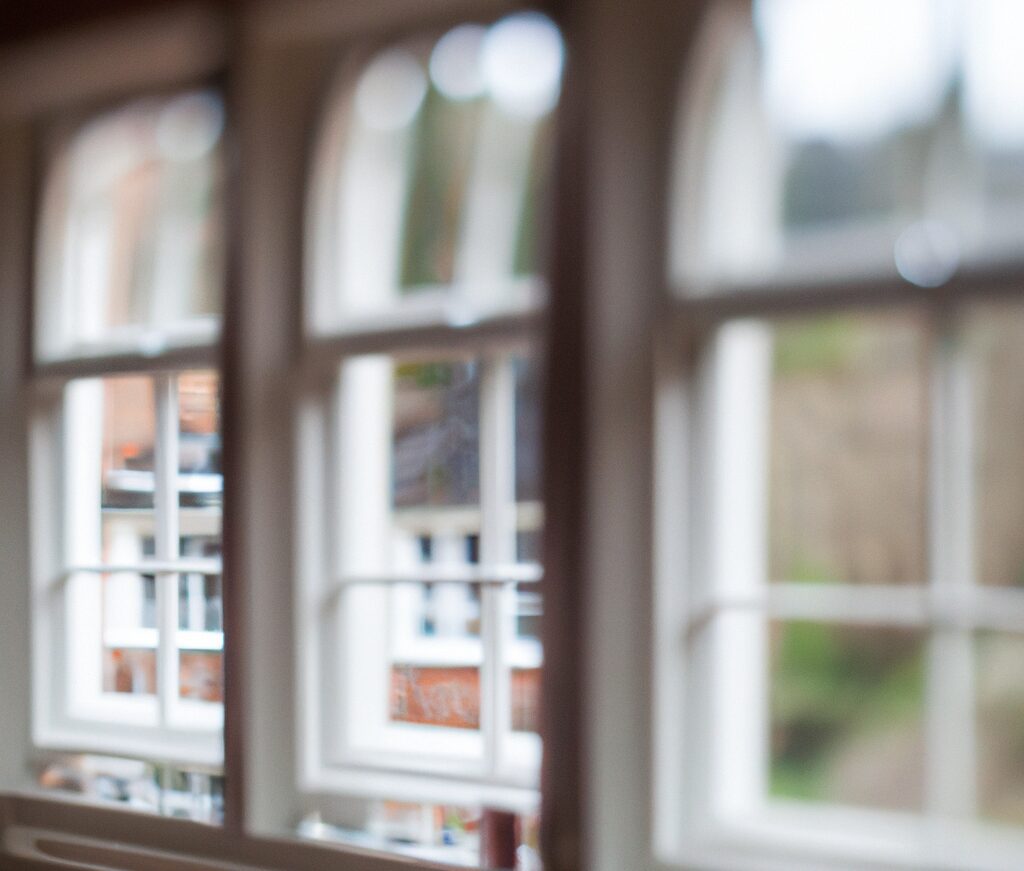 Close-up view of traditional sash windows with multiple glazing bars, showing reflections and views of a neighbouring building, representing single-glazed heritage-style windows.