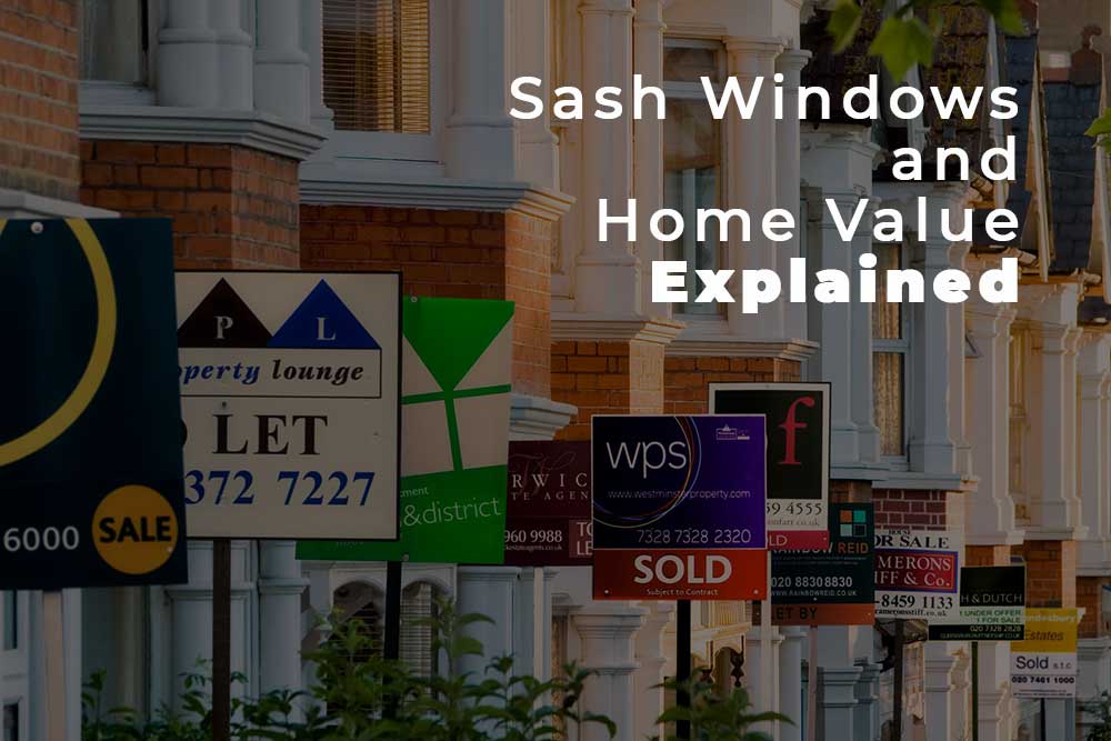A row of traditional terraced houses with estate agent signs showing homes for sale and to let, illustrating the link between sash windows and property value.