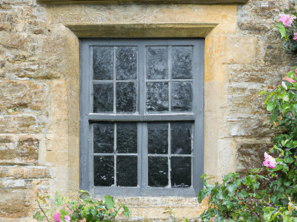 Traditional timber sash window with multiple panes, set in a stone wall of a historic building, showing signs of age and character with surrounding greenery.