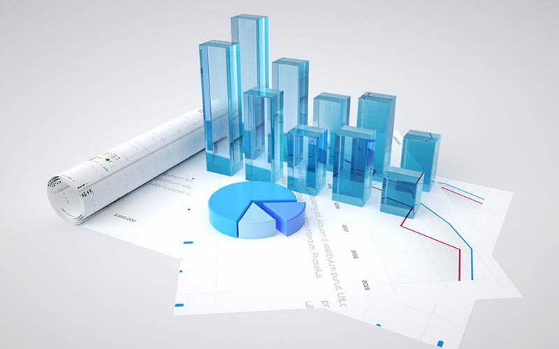 3D render of blue glass-style bar and pie charts placed on architectural drawings, symbolising window performance data and energy efficiency metrics.