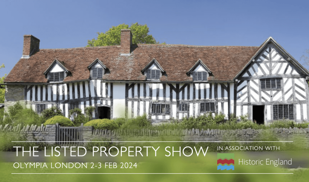 Traditional half-timbered listed building with leaded glass windows under a red tiled roof, promoting The Listed Property Show at Olympia London, 2–3 February 2024, in association with Historic England.