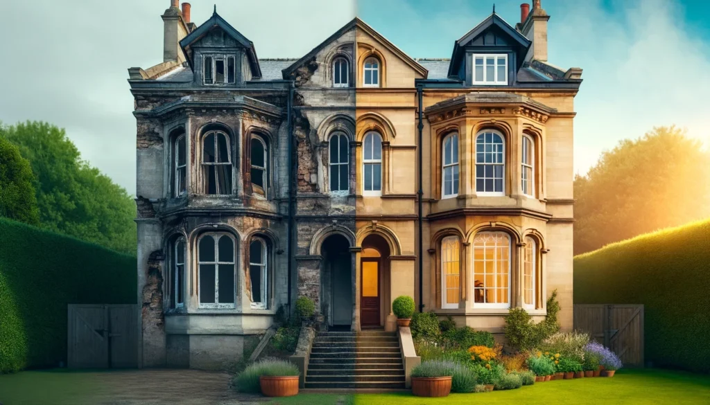 A striking split-image of a grand historic house, with one half in a derelict, decaying state and the other beautifully restored with clean stonework, fresh paint, and a manicured garden. The contrast highlights the potential transformation of heritage buildings and reflects the challenges and opportunities of adapting historic properties in line with evolving climate guidance and conservation standards.