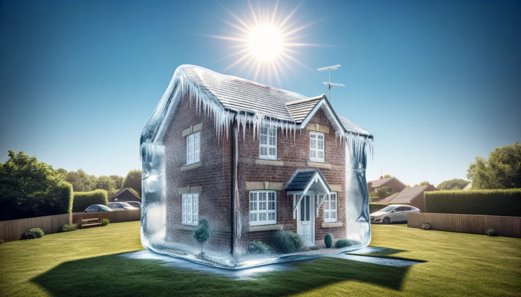 A digitally created image of a red-brick detached house completely encased in a thick layer of ice, with icicles hanging from the roof under a blazing sun. Set in a neatly mown suburban garden, the surreal visual highlights the concept of keeping your home cool during extreme summer heat.
