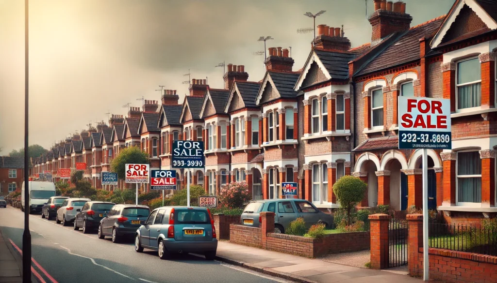 A long row of traditional red-brick terraced houses in a British suburb, all displaying “For Sale” signs, with parked cars lining the street under a moody sky. The abundance of signs suggests a shift or trend in the housing market, symbolising changing buyer priorities — potentially influenced by sustainability, energy efficiency, and environmental concerns within the UK property sector.