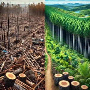 An image split in half: Left Side - Conflict Timber/Over-Harvesting: Show a devastated tropical forest area with stumps, felled trees, and signs of illegal logging, such as makeshift unsafe equipment or paths. The scene should evoke the damage and environmental degradation caused by unsustainable practices. Right Side - Well-Managed Forests: Contrast this with a lush, thriving pine forest filled with healthy trees, with clear signs of sustainable management, such replanting efforts and wildlife.