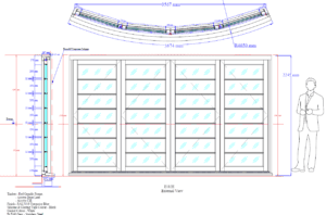 CAD drawing of a curved timber-framed door assembly showing sectional views, dimensions, and glazing layout with scale figure for reference.