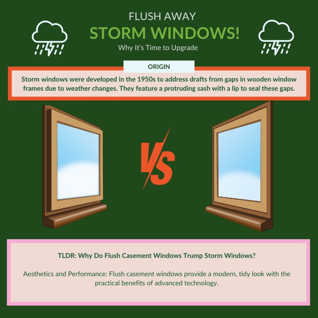 Infographic comparing storm windows and flush casement windows. Highlights the origin of storm windows in the 1950s and explains that flush casement windows offer better aesthetics and performance. Includes side-by-side illustrations of the two window types and a TLDR stating that flush casement windows are a modern, practical upgrade.