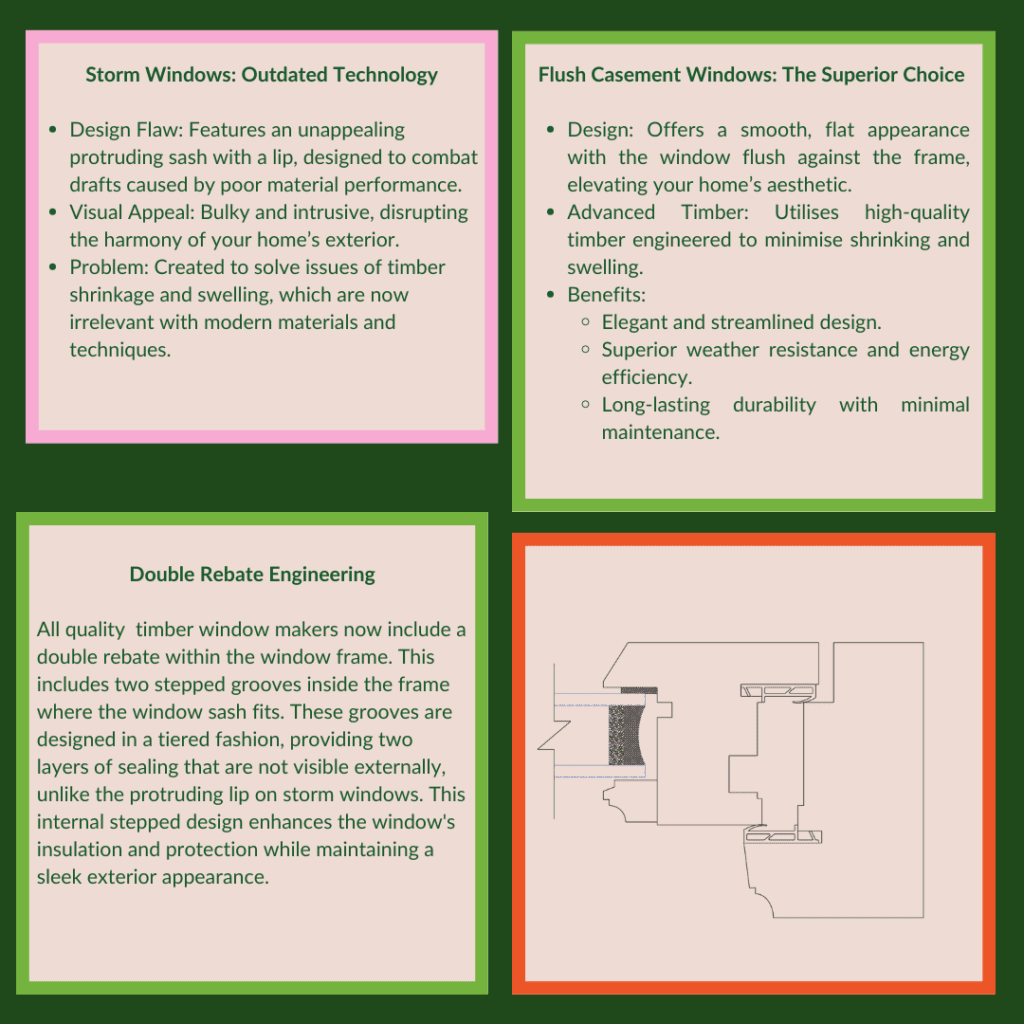 Detailed comparison of storm windows and flush casement windows, covering design flaws, visual impact, and modern alternatives. Explains double rebate engineering and shows a technical drawing of a flush casement window section. Highlights flush casements as superior in appearance, weather resistance, and durability.