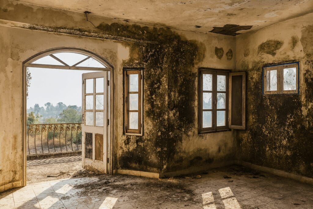 A sunlit room in a historic home shows extensive black mould on the walls and ceiling around timber-framed windows. The open French doors lead to a balcony overlooking green trees, contrasting the bright outdoor view with the dark, damp interior.