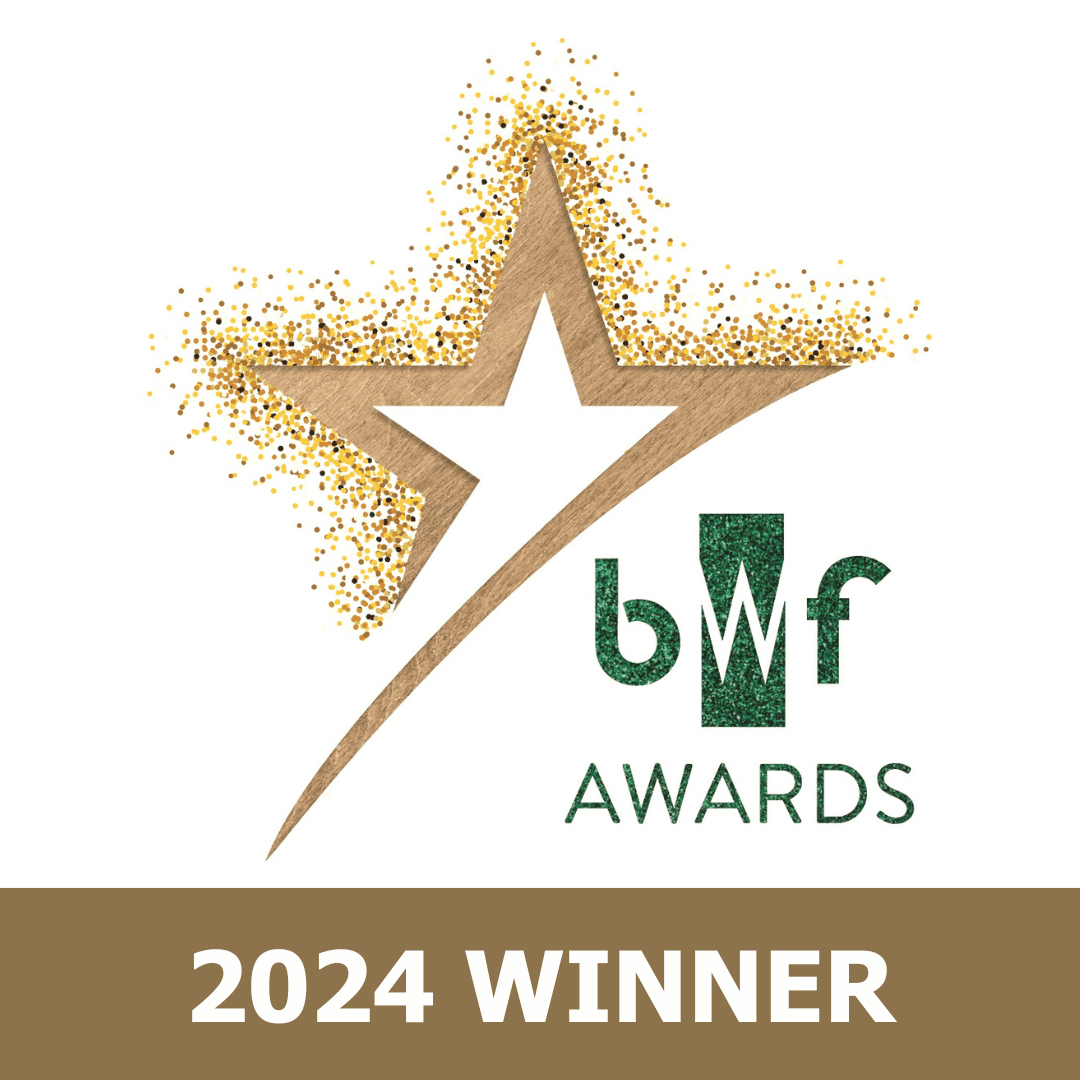 British Woodworking Federation Awards 2024 Winner logo. A large gold star outlined in wood grain with gold glitter radiating from its edges. The green BWF logo appears to the right, with the word ‘AWARDS’ underneath. A solid gold banner at the bottom displays the text ‘2024 WINNER’ in bold white letters.
