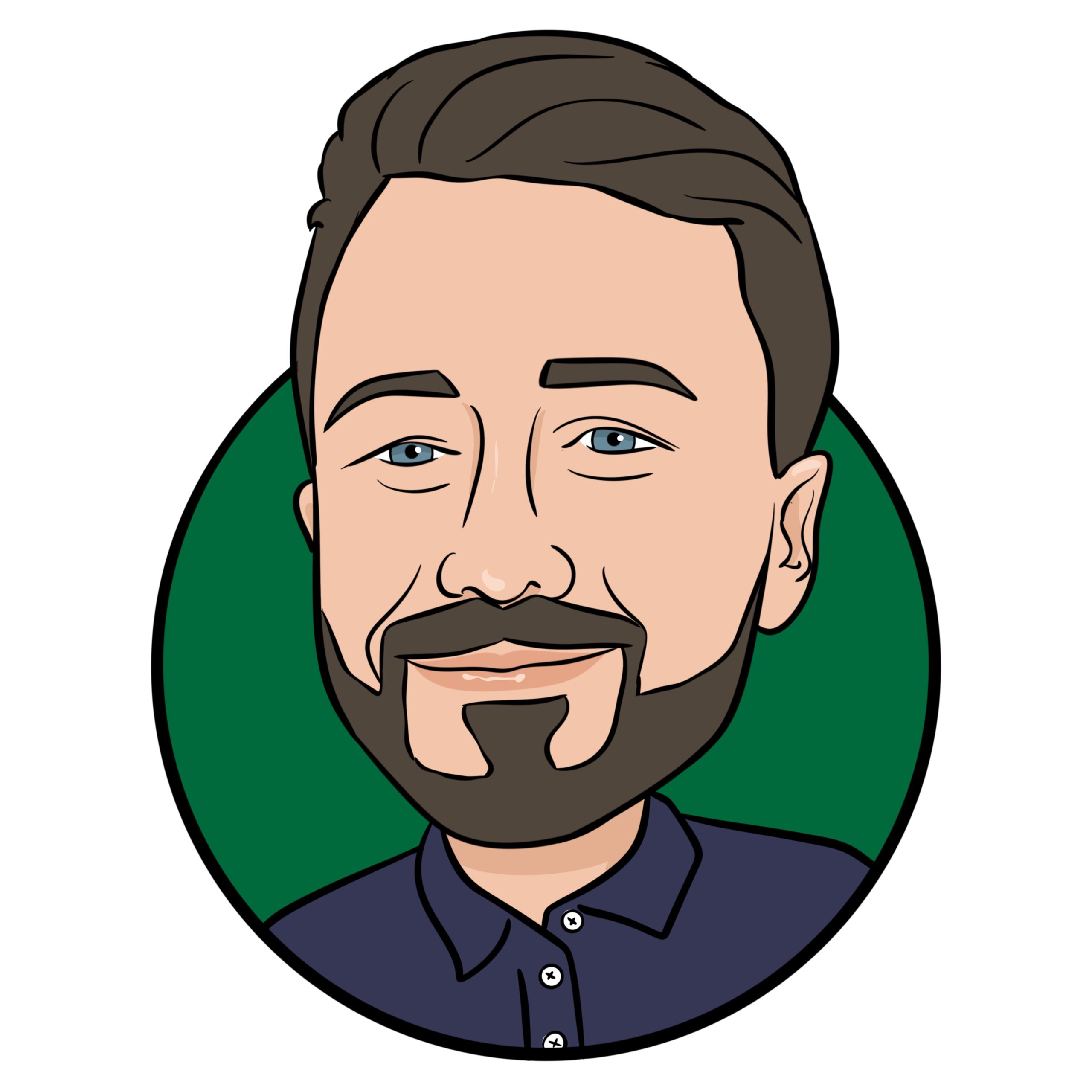 Cartoon-style head-and-shoulders illustration of Dan Morten, a man with short brown hair, neatly groomed beard and moustache, and blue eyes. He is smiling slightly and wearing a navy collared shirt, with a green circular background behind him.