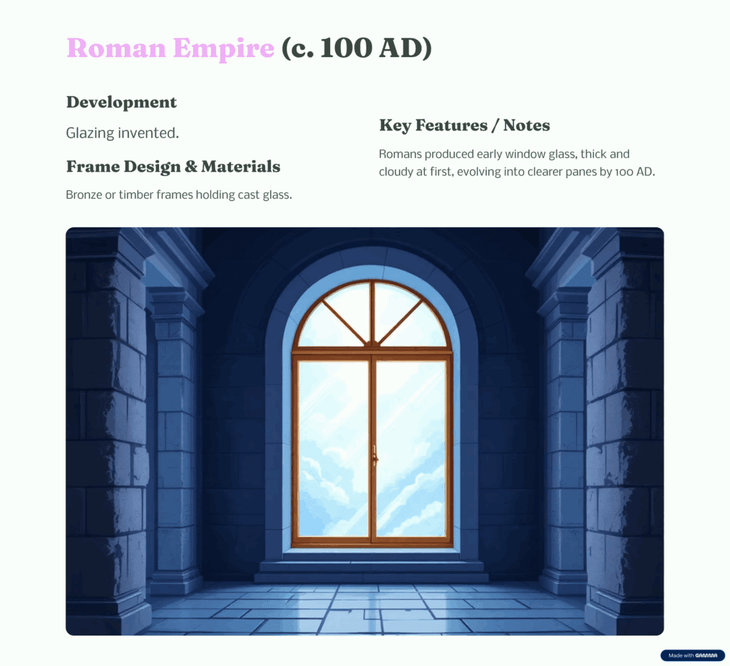 Infographic labelled “Roman Empire c.100 AD” showing a grand arched window with timber or bronze frame. Notes that glazing was invented, with thick, cloudy glass that became clearer by 100 AD.