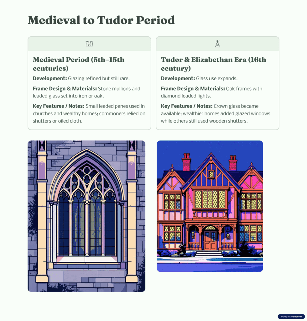 Infographic covering the Medieval and Tudor periods. Mentions stone mullioned church windows with leaded glass, and Tudor oak frames with diamond leaded lights. Illustrations show a Gothic church window and Tudor house.