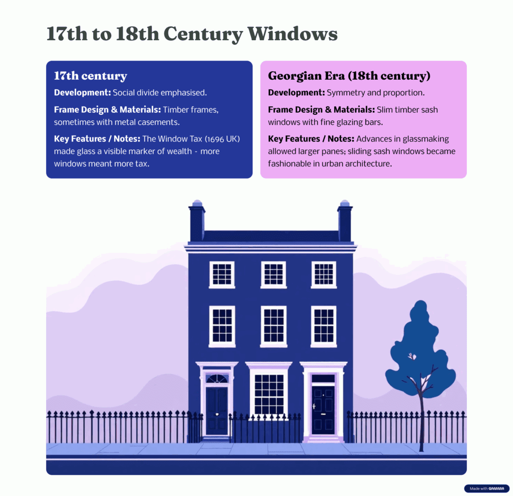 Infographic showing 17th-century timber casement windows and Georgian sash windows. Notes the 1696 Window Tax and how Georgian architecture introduced symmetry, slim glazing bars, and larger glass panes.