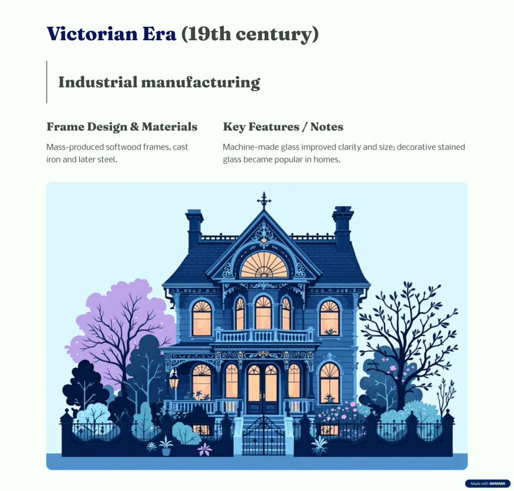 Infographic titled “Victorian Era – Industrial Manufacturing.” Shows a decorative Victorian house with arched stained glass windows. Mentions mass-produced softwood frames and machine-made glass improving clarity.