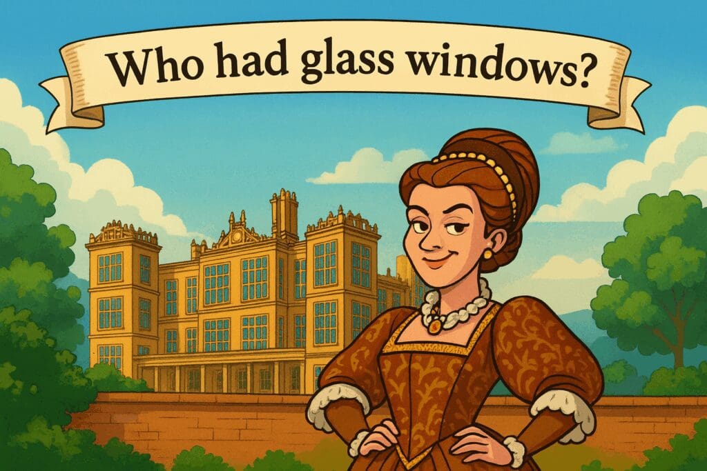 Cartoon-style illustration of Hardwick Hall, a grand Elizabethan mansion with tall symmetrical windows reflecting sunlight. In the foreground stands Bess of Hardwick, dressed in an elaborate 16th-century gown with a high lace ruff, looking confident and slightly smug. The scene is bright and warm, showing the hall’s famous “more glass than wall” design against a clear blue sky.