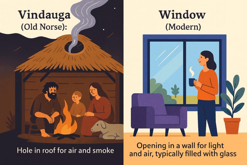 Illustration comparing early and modern window definitions. On the left, a family sits inside a thatched-roof hut with a smoke hole above a central fire, labelled “Vindauga (Old Norse): Hole in roof for air and smoke.” On the right, a woman stands by a large glazed window in a bright modern room, labelled “Window (Modern): Opening in a wall for light and air, typically filled with glass.”