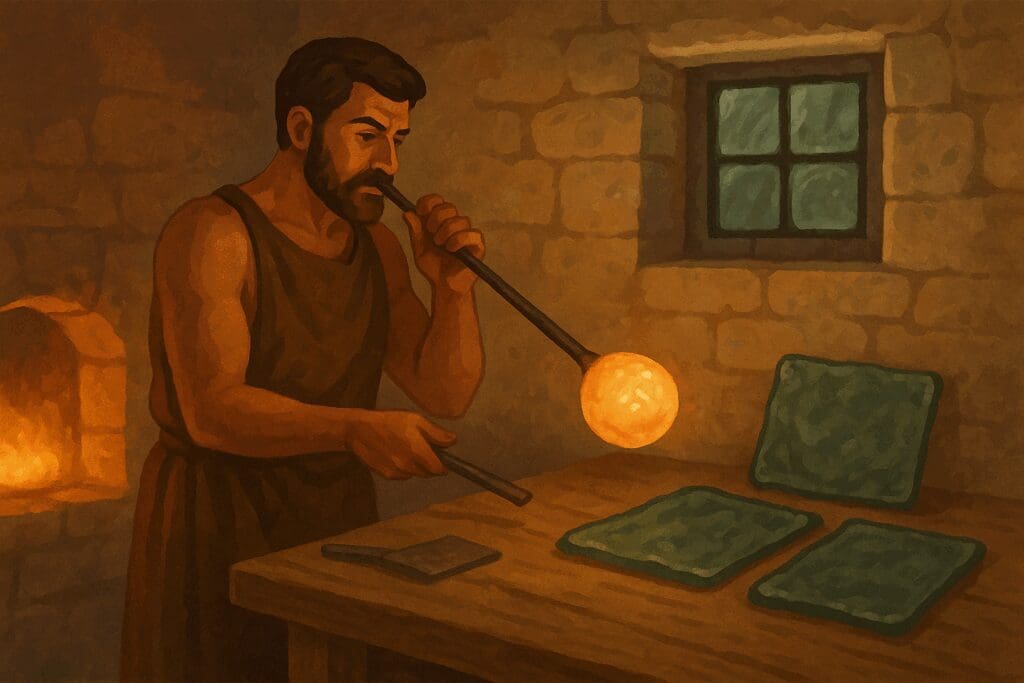 Illustration of a Roman glassblower creating early window glass. The artisan shapes molten glass in a furnace-lit workshop. On the workbench, thick greenish panes rest beside a small inset wall window with crude glass segments mounted in a metal grid, showing how early Roman glazing appeared.