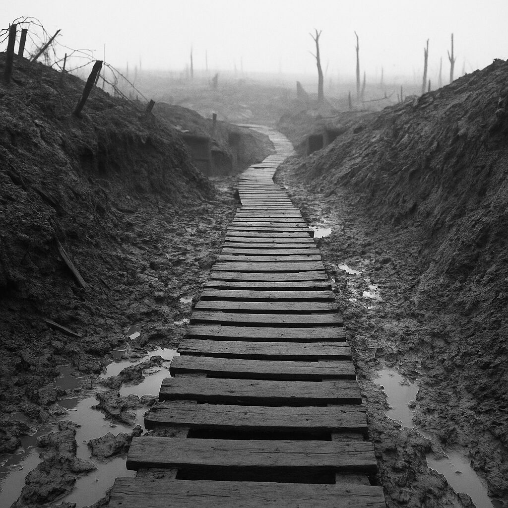 Black-and-white illustrative image depicting a muddy World War I trench. Timber duckboards stretch through the centre to provide a walking path. The trench is lined with sandbags and barbed wire under a cloudy sky. No figures are present. This is a digitally generated scene for illustrative purposes, not a historical photograph.