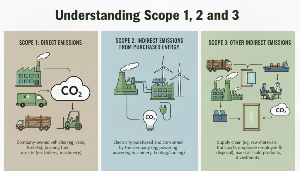 Illustration explaining Scope 1, 2 and 3 emissions. Scope 1 shows direct emissions from company-owned sources such as vehicles, forklifts, and on-site fuel use. Scope 2 shows indirect emissions from purchased energy, including electricity used to power buildings and machinery. Scope 3 shows other indirect emissions across the value chain, including raw materials, transportation, employee activities, product use, and end-of-life disposal.